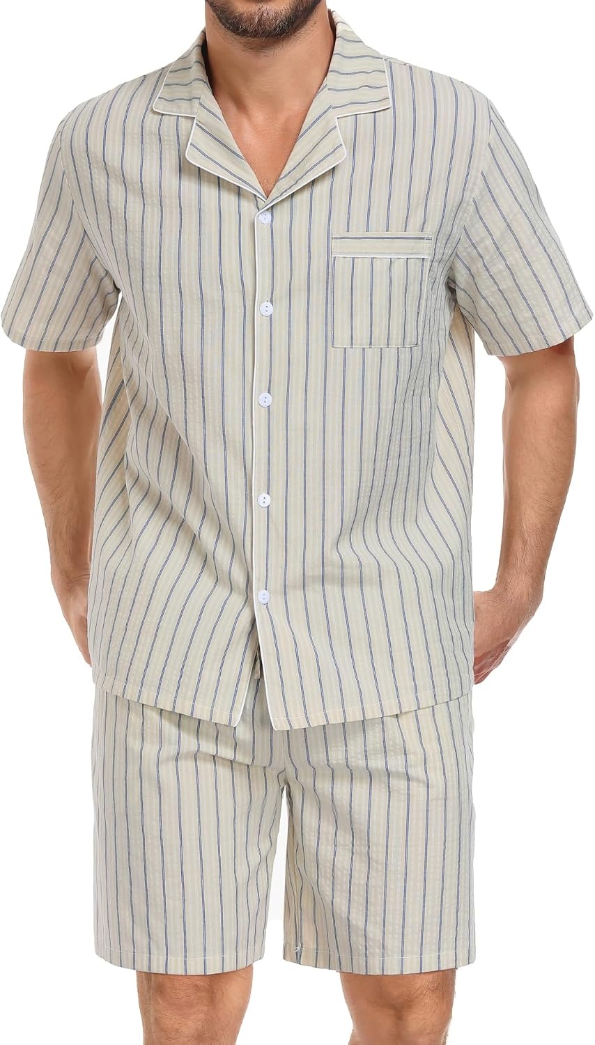 image:imageSWOMOG Mens 100 Cotton Pajama Set 2Pcs Button Down Pjs Set Short Sleeve Sleepwear with Pocket Soft Summer Stripe NightwearKhaki Stripes