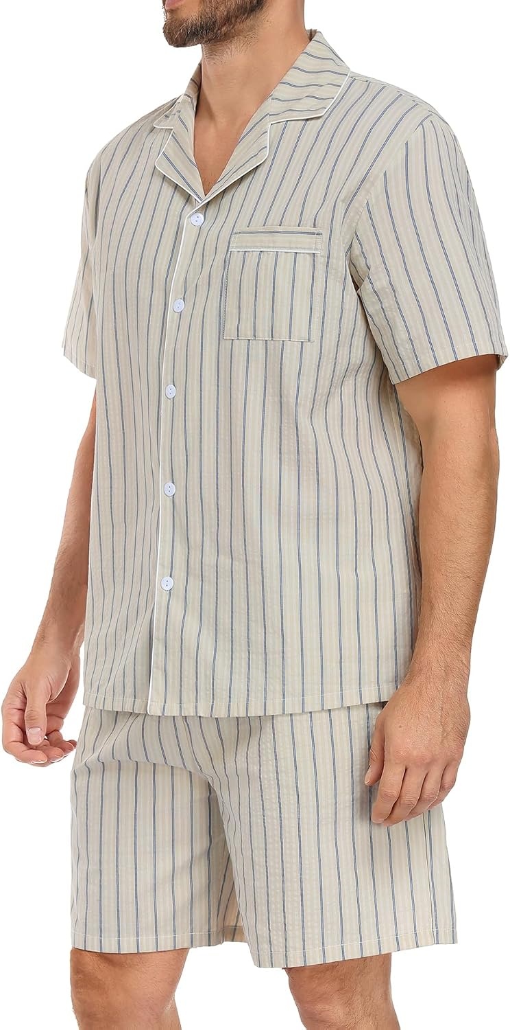 image:imageSWOMOG Mens 100 Cotton Pajama Set 2Pcs Button Down Pjs Set Short Sleeve Sleepwear with Pocket Soft Summer Stripe NightwearKhaki Stripes