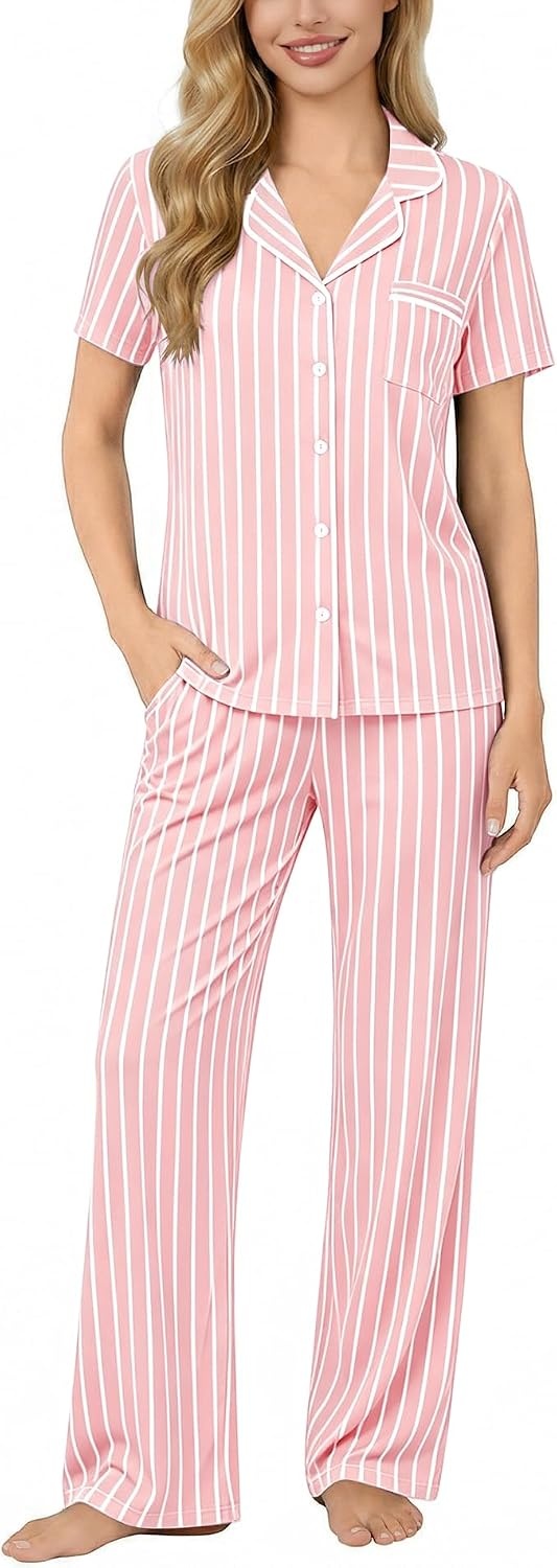 image:imageSWOMOG Women Pajama Sets TwoPiece Nightwear Short Sleeve Sleepwear Button Down Pj Lounge Sets with Long PantsPink White Stripe