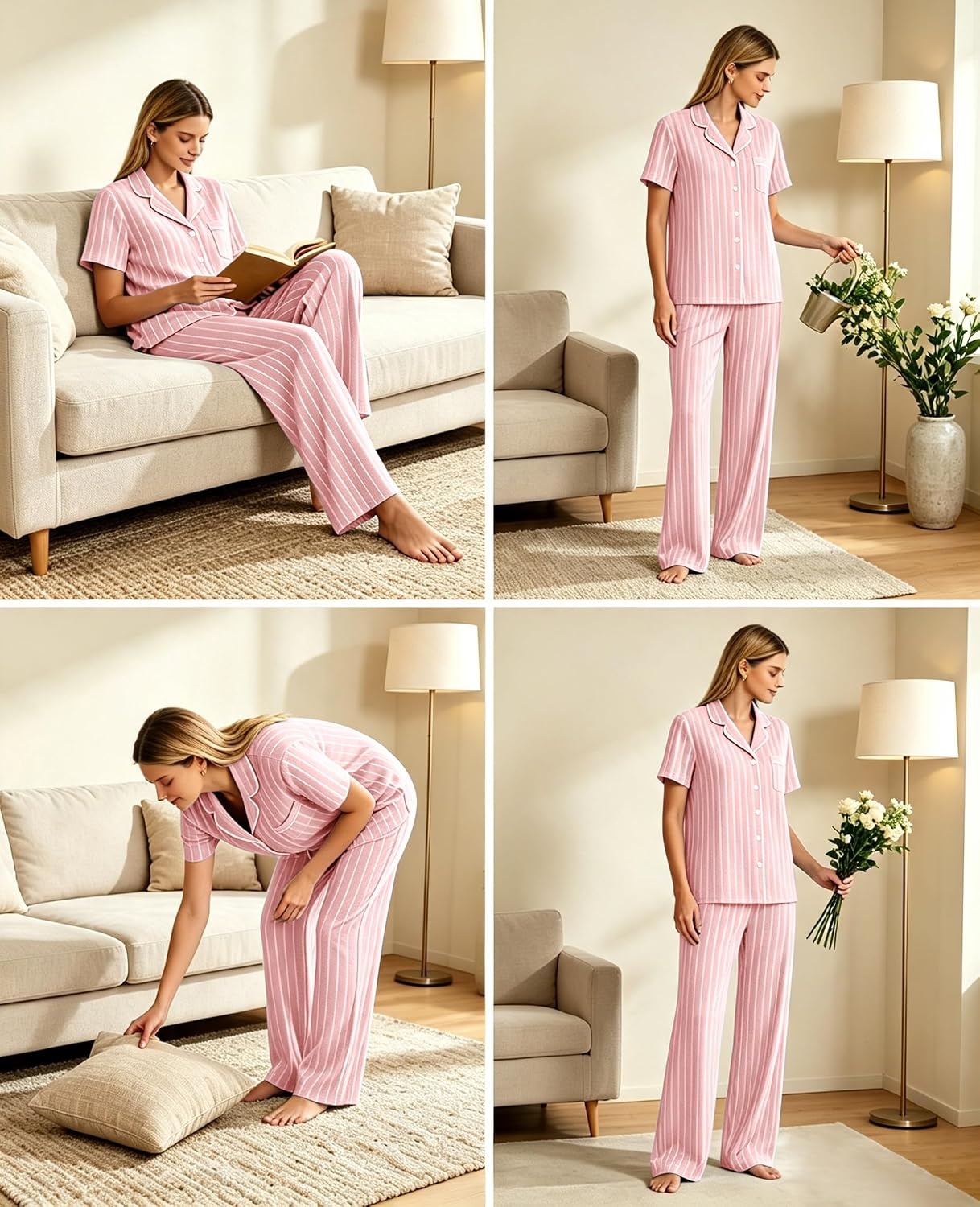 image:imageSWOMOG Women Pajama Sets TwoPiece Nightwear Short Sleeve Sleepwear Button Down Pj Lounge Sets with Long PantsPink White Stripe