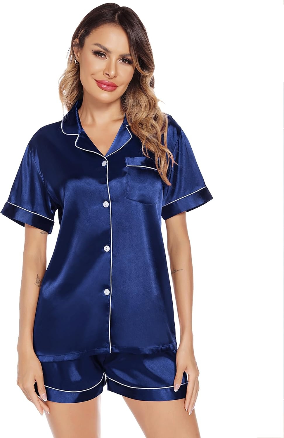 image:imageSWOMOG Women amp Men 4 Pcs Pajamas Sets Silk Satin Pjs Sets ButtonDown Sleepwear Soft Loungewear with Long Pants