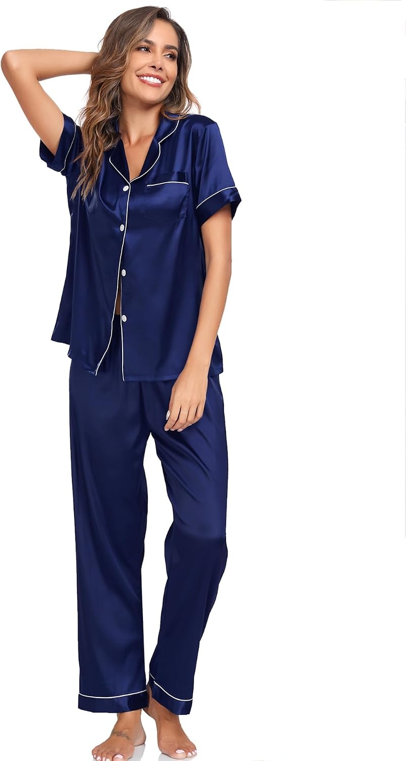 image:imageSWOMOG Women amp Men 4 Pcs Pajamas Sets Silk Satin Pjs Sets ButtonDown Sleepwear Soft Loungewear with Long Pants