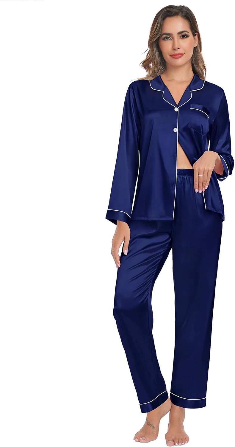 image:imageSWOMOG Women amp Men 4 Pcs Pajamas Sets Silk Satin Pjs Sets ButtonDown Sleepwear Soft Loungewear with Long Pants