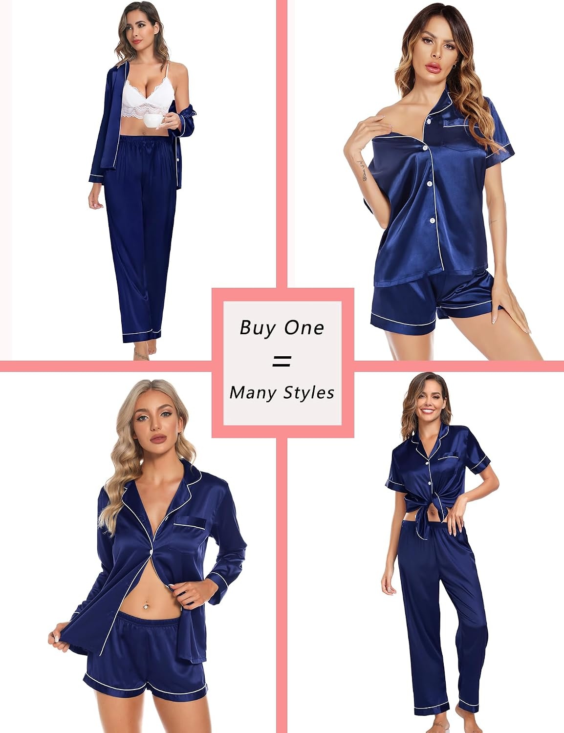 image:imageSWOMOG Women amp Men 4 Pcs Pajamas Sets Silk Satin Pjs Sets ButtonDown Sleepwear Soft Loungewear with Long Pants