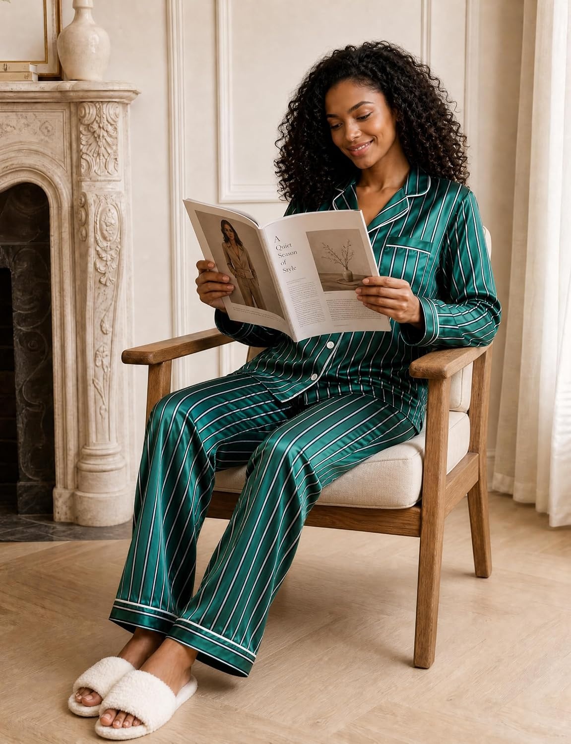 image:imageSWOMOG Womens Silk Satin Pajamas Set Long Sleeve Button Down Sleepwear 2 Piece Lounge Set Pj Set XS3XLStriped in Deep Green
