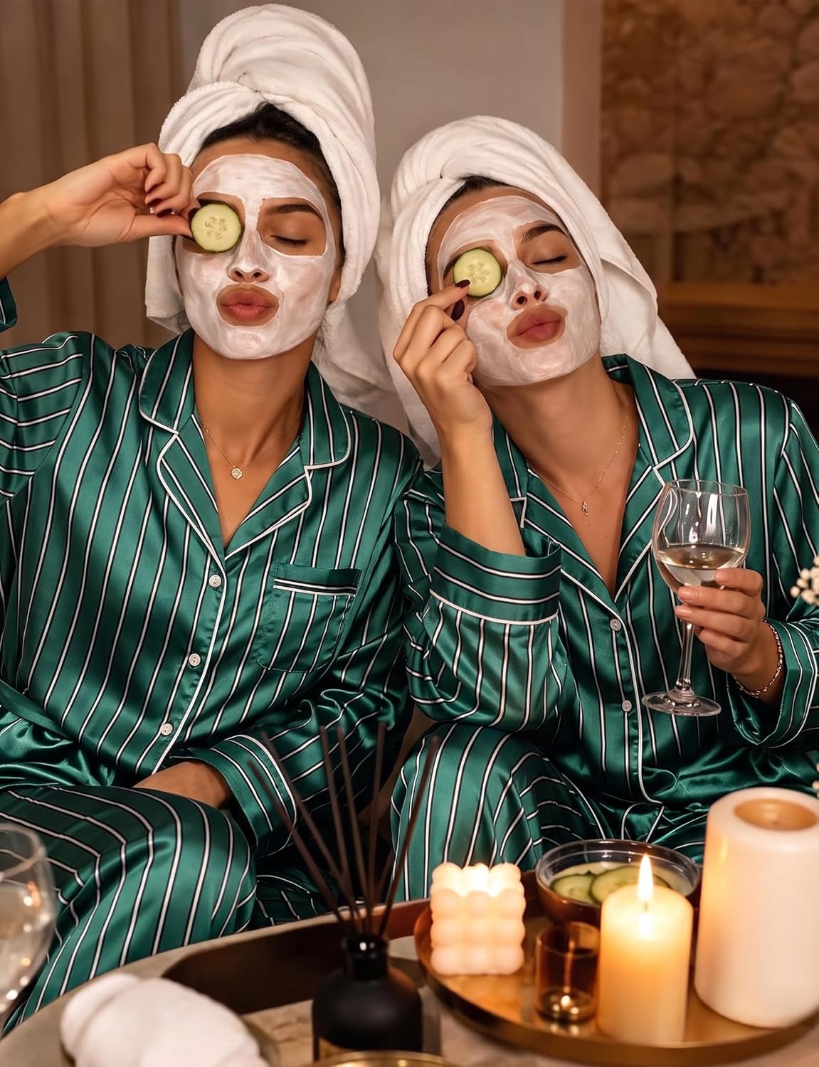 image:imageSWOMOG Womens Silk Satin Pajamas Set Long Sleeve Button Down Sleepwear 2 Piece Lounge Set Pj Set XS3XLStriped in Deep Green