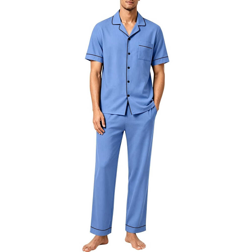 image:imageSWOMOG 100 Cotton Mens Pajama Set Short Sleeve Button Down Sleepwear Loungewear Pjs Set with PocketsAzure Blue