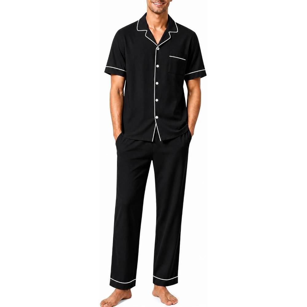 image:imageSWOMOG 100 Cotton Mens Pajama Set Short Sleeve Button Down Sleepwear Loungewear Pjs Set with PocketsBlack