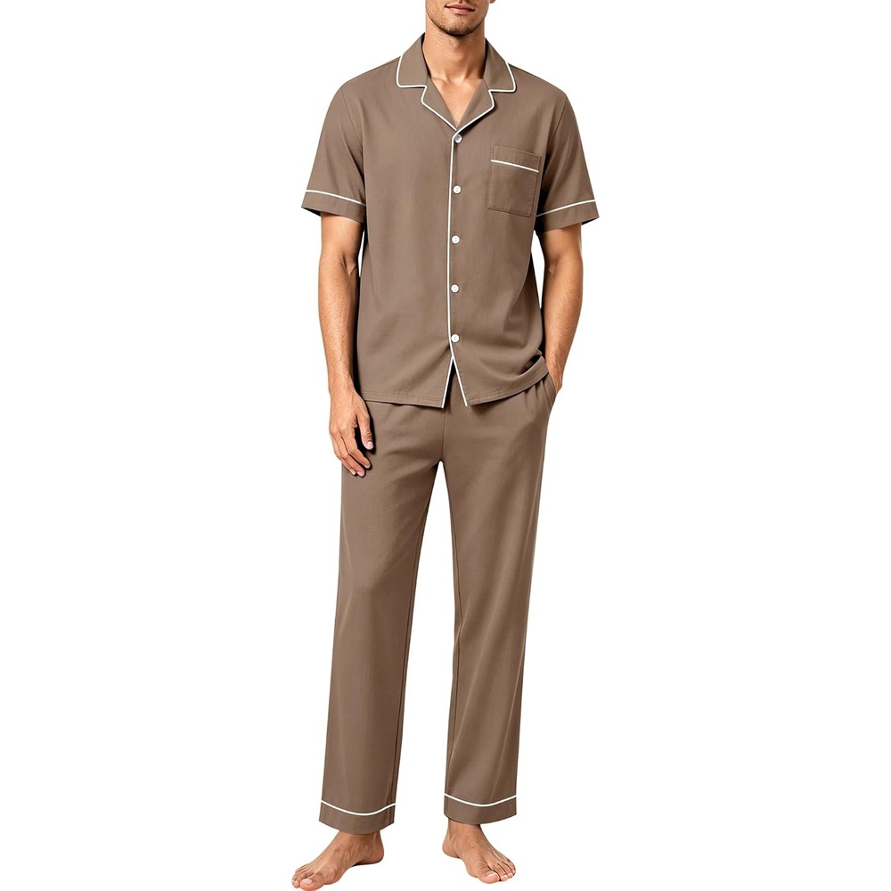 image:imageSWOMOG 100 Cotton Mens Pajama Set Short Sleeve Button Down Sleepwear Loungewear Pjs Set with PocketsBrown