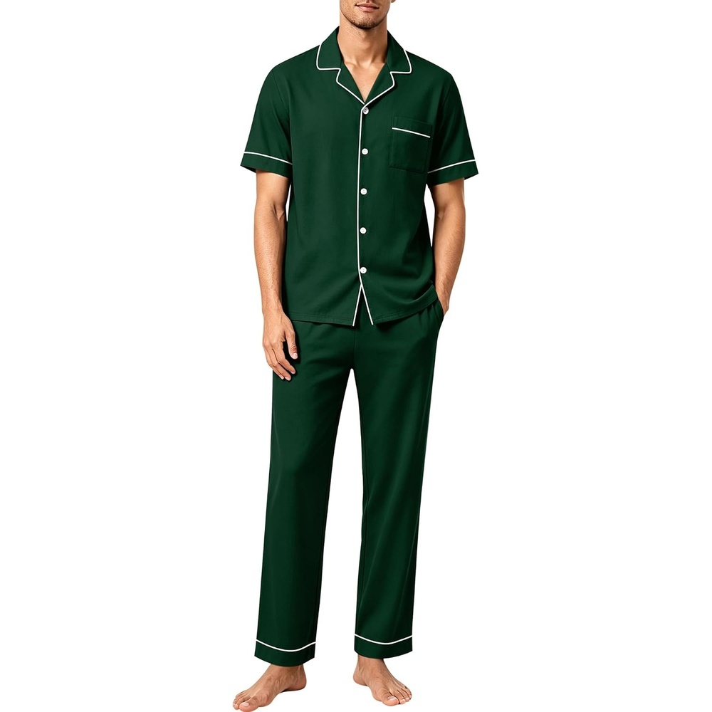 image:imageSWOMOG 100 Cotton Mens Pajama Set Short Sleeve Button Down Sleepwear Loungewear Pjs Set with PocketsGreen