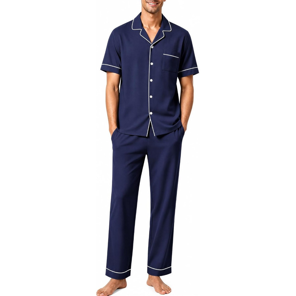 image:imageSWOMOG 100 Cotton Mens Pajama Set Short Sleeve Button Down Sleepwear Loungewear Pjs Set with PocketsNavy Blue
