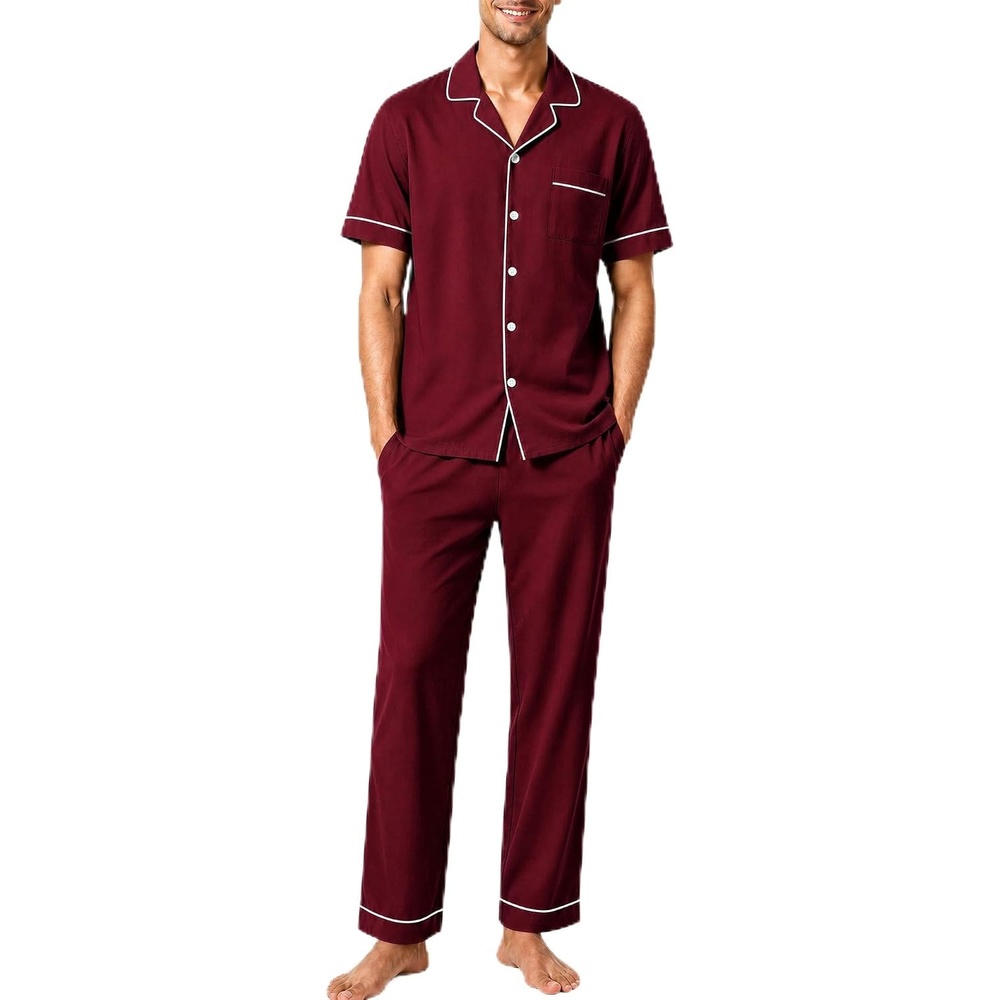 image:imageSWOMOG 100 Cotton Mens Pajama Set Short Sleeve Button Down Sleepwear Loungewear Pjs Set with PocketsWine Red