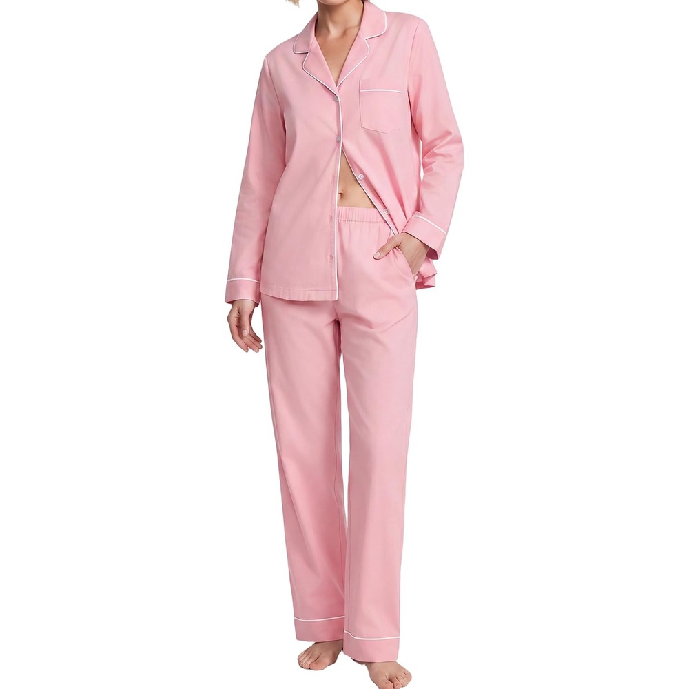 image:imageSWOMOG 100 Cotton Pajama Set for Women Long Sleeve Sleepwear Button Down Nightwear Soft Pj Lounge SetsPink