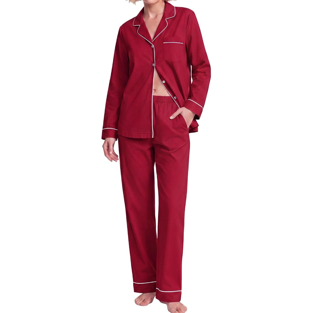image:imageSWOMOG 100 Cotton Pajama Set for Women Long Sleeve Sleepwear Button Down Nightwear Soft Pj Lounge SetsRed