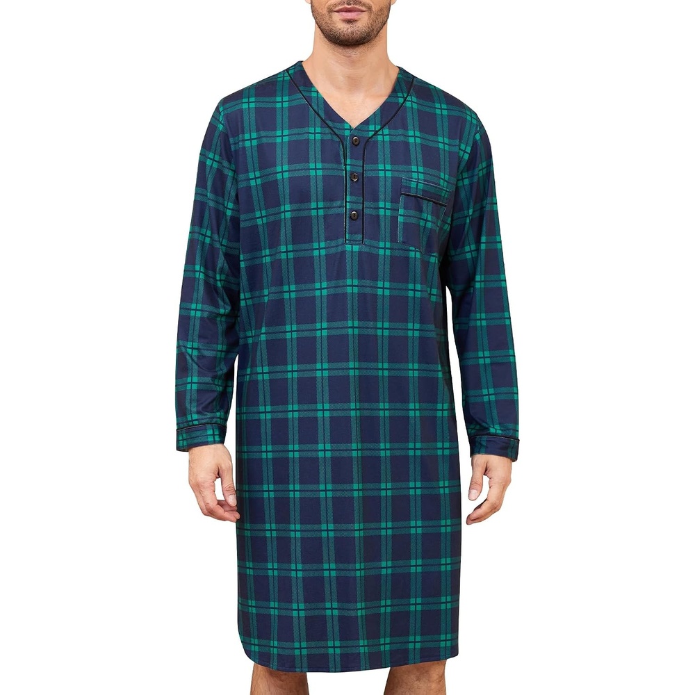 image:imageSWOMOG Mens Nightshirt Long Sleeve Nightgown Soft Loose Sleepwear Lightweight Nightwear Comfy Henley Sleep Shirt M3XLGreen Black Plaid