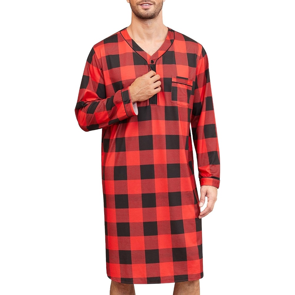 image:imageSWOMOG Mens Nightshirt Long Sleeve Nightgown Soft Loose Sleepwear Lightweight Nightwear Comfy Henley Sleep Shirt M3XLRed Black Plaid