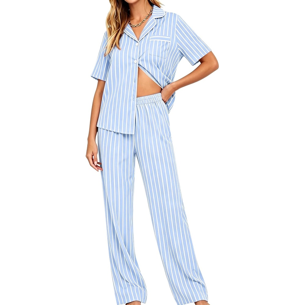 image:imageSWOMOG Women Pajama Sets TwoPiece Nightwear Short Sleeve Sleepwear Button Down Pj Lounge Sets with Long PantsBlue White Stripe