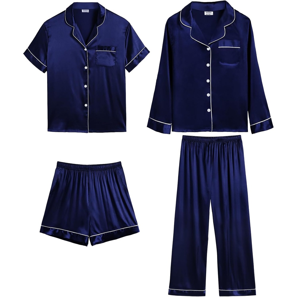 image:imageSWOMOG Women amp Men 4 Pcs Pajamas Sets Silk Satin Pjs Sets ButtonDown Sleepwear Soft Loungewear with Long Pants