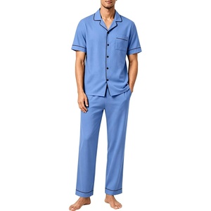 SWOMOG 100% Cotton Mens Pajama Set Short Sleeve Button Down Sleepwear Loungewear Pjs Set with Pockets(Azure Blue)