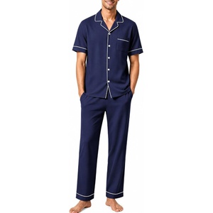 SWOMOG 100% Cotton Mens Pajama Set Short Sleeve Button Down Sleepwear Loungewear Pjs Set with Pockets(Navy Blue)