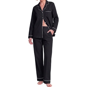 SWOMOG 100% Cotton Pajama Set for Women Long Sleeve Sleepwear Button Down Nightwear Soft Pj Lounge Sets(Black)