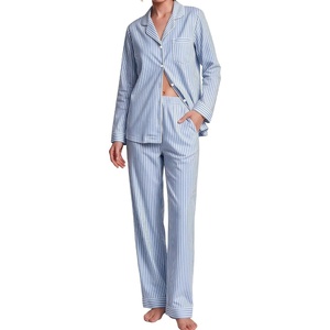 SWOMOG 100% Cotton Pajama Set for Women Long Sleeve Sleepwear Button Down Nightwear Soft Pj Lounge Sets(Blue Stripe)