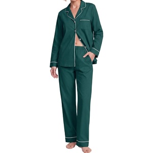 SWOMOG 100% Cotton Pajama Set for Women Long Sleeve Sleepwear Button Down Nightwear Soft Pj Lounge Sets(Green)