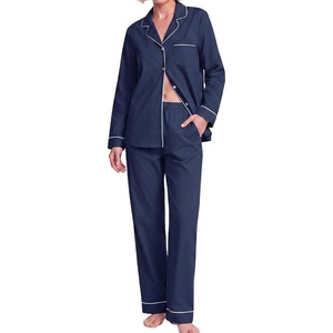 SWOMOG 100% Cotton Pajama Set for Women Long Sleeve Sleepwear Button Down Nightwear Soft Pj Lounge Sets(Navy Blue Plain)