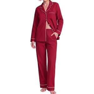SWOMOG 100% Cotton Pajama Set for Women Long Sleeve Sleepwear Button Down Nightwear Soft Pj Lounge Sets(Red)
