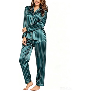 SWOMOG Long Sleeve Pajamas Set Silk Satin Sleepwear Button Down Pjs Loungewear with Pocket(Striped in Deep Green)