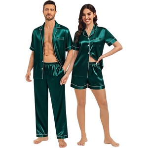 SWOMOG Matching Pajamas for Couples Satin Short Sleeve Sleepwear Women/Men Silk Soft Button Down Nightwear 2 Pcs Loungewear(Dark Green)
