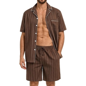 SWOMOG Mens 100% Cotton Pajama Set 2Pcs Button Down Pjs Set Short Sleeve Sleepwear with Pocket Soft Summer Stripe Nightwear(Coffee Stripe)