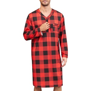 SWOMOG Men’s Nightshirt Long Sleeve Nightgown Soft Loose Sleepwear Lightweight Nightwear Comfy Henley Sleep Shirt M-3XL(Red Black Plaid)