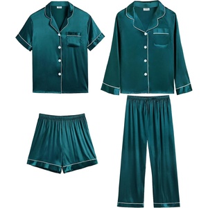SWOMOG Women & Men 4 Pcs Pajamas Sets Silk Satin Pjs Sets Button-Down Sleepwear Soft Loungewear with Long Pants Deep Green