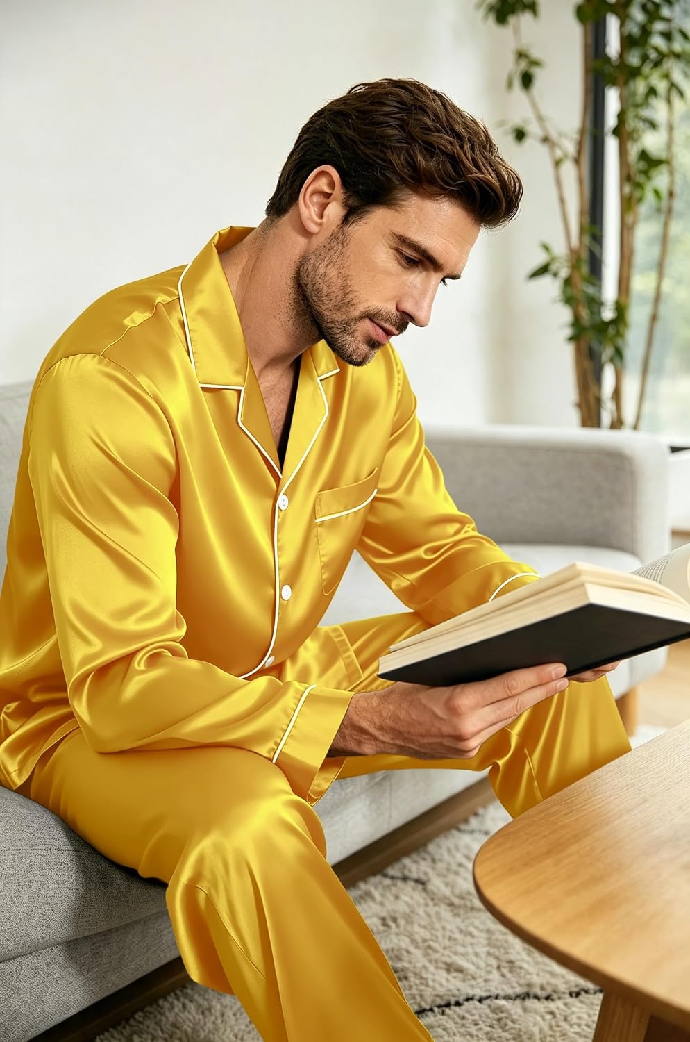 image:imageSWOMOG Mens Silk Satin Pajamas Set Long Sleeve Sleepwear ButtonDown Pj Twopiece Loungewear with Long Pants SXXLGold