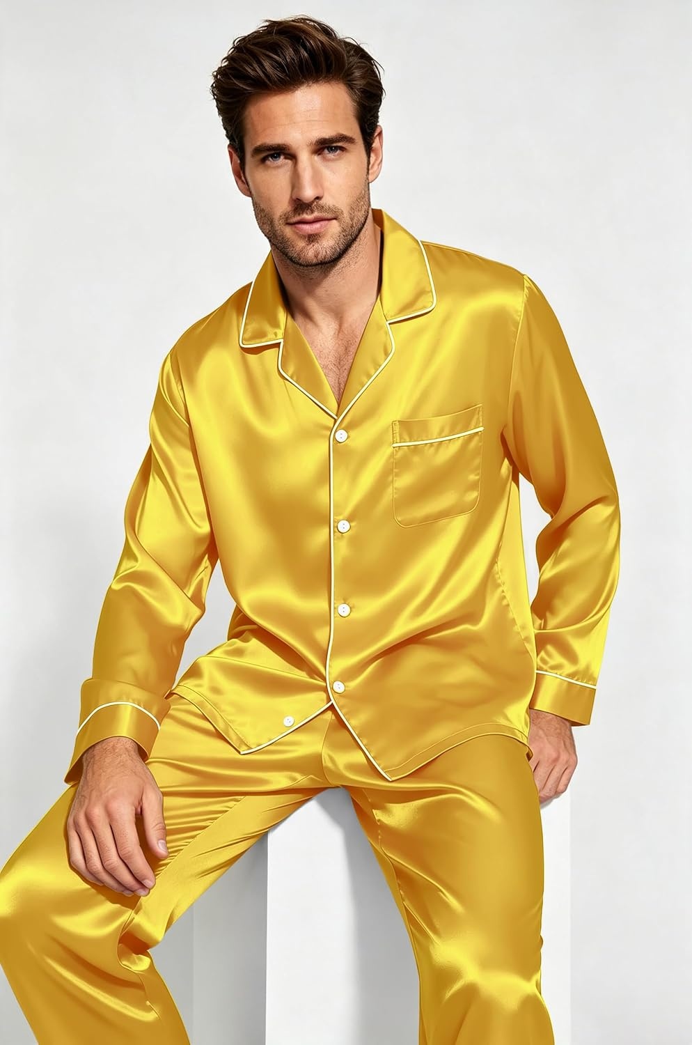 image:imageSWOMOG Mens Silk Satin Pajamas Set Long Sleeve Sleepwear ButtonDown Pj Twopiece Loungewear with Long Pants SXXLGold