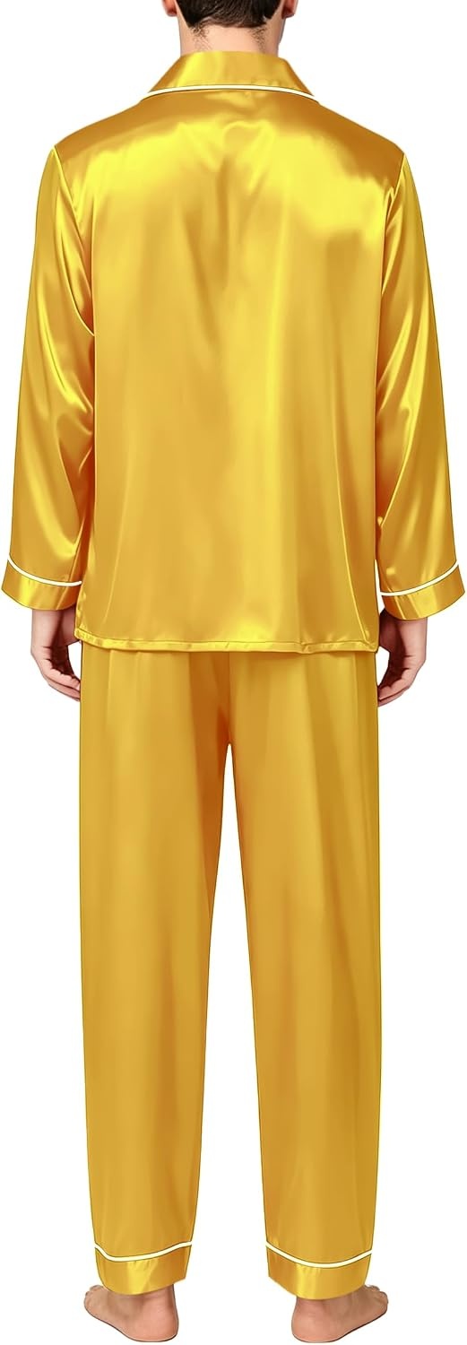 image:imageSWOMOG Mens Silk Satin Pajamas Set Long Sleeve Sleepwear ButtonDown Pj Twopiece Loungewear with Long Pants SXXLGold