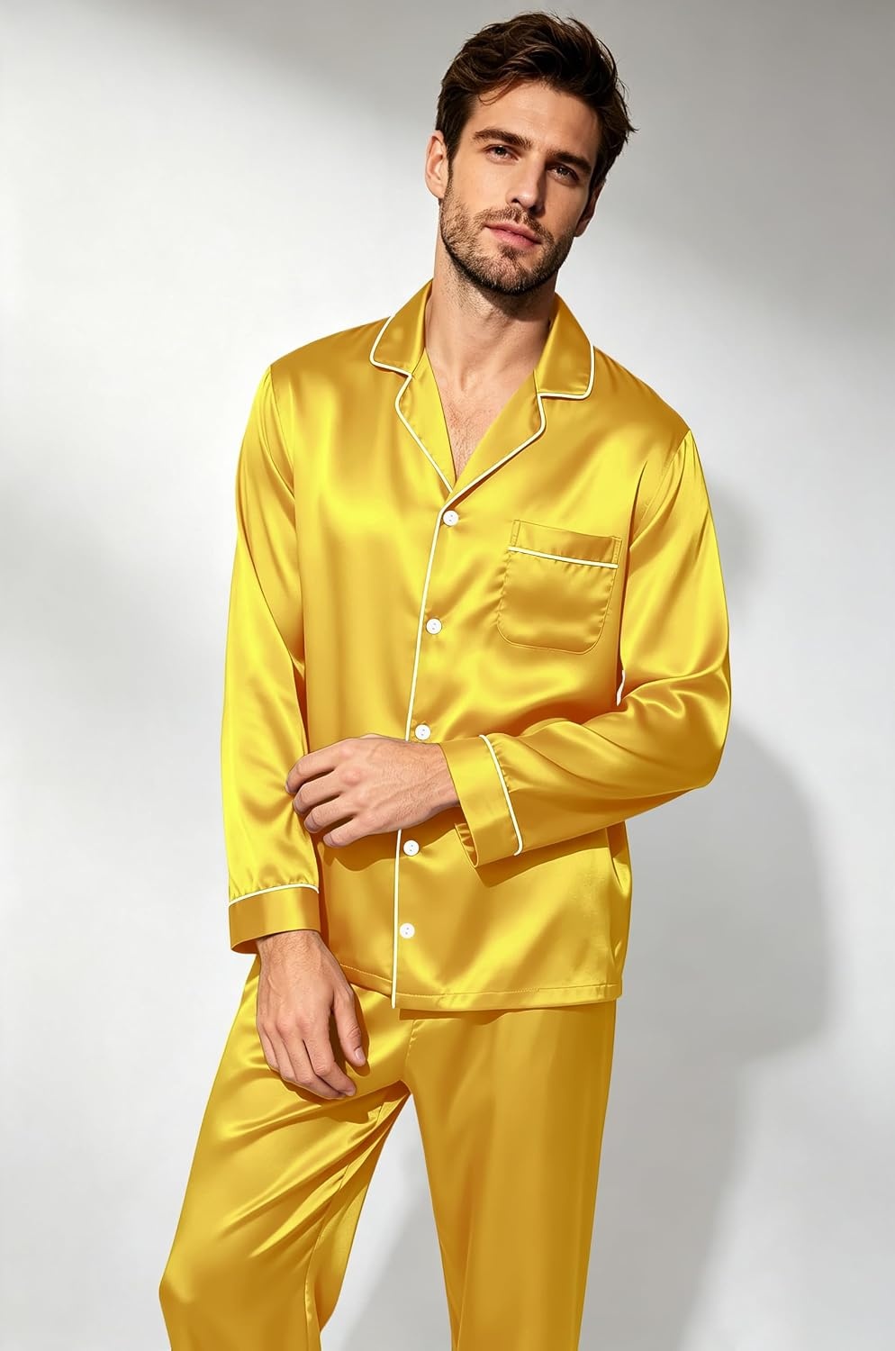 image:imageSWOMOG Mens Silk Satin Pajamas Set Long Sleeve Sleepwear ButtonDown Pj Twopiece Loungewear with Long Pants SXXLGold