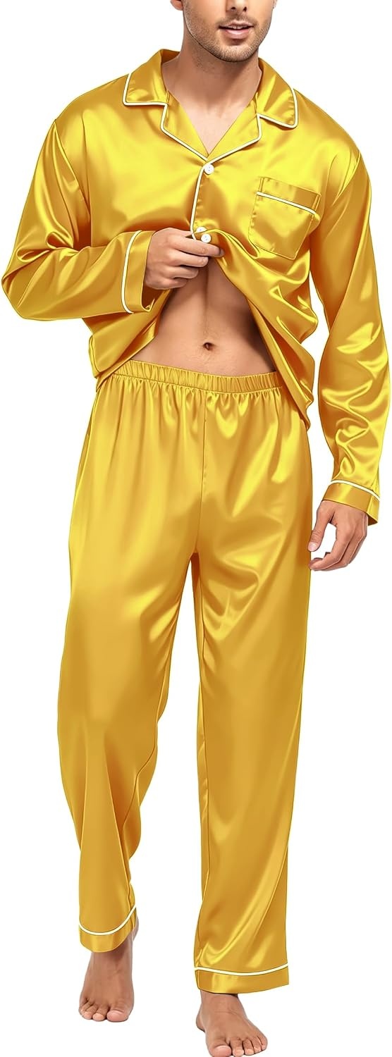 image:imageSWOMOG Mens Silk Satin Pajamas Set Long Sleeve Sleepwear ButtonDown Pj Twopiece Loungewear with Long Pants SXXLGold