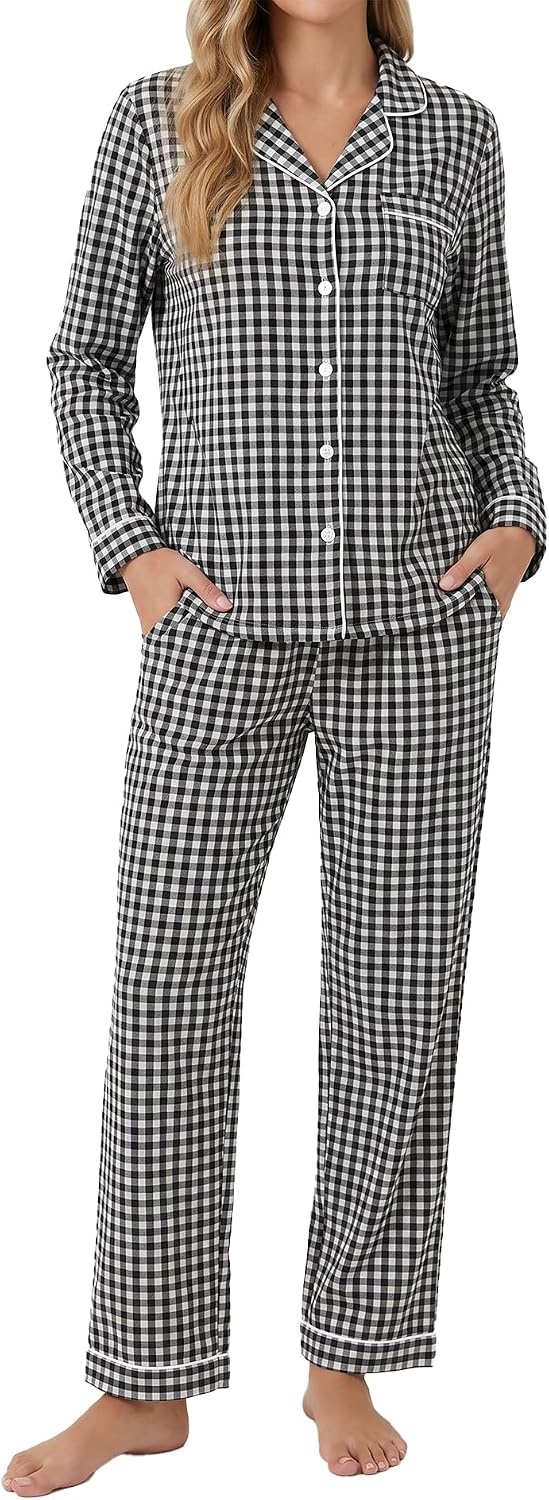 image:imageSWOMOG Women 100 Cotton Pajama Set Long Sleeve Shirts with Pockets Button Down Cute LoungewearBlack