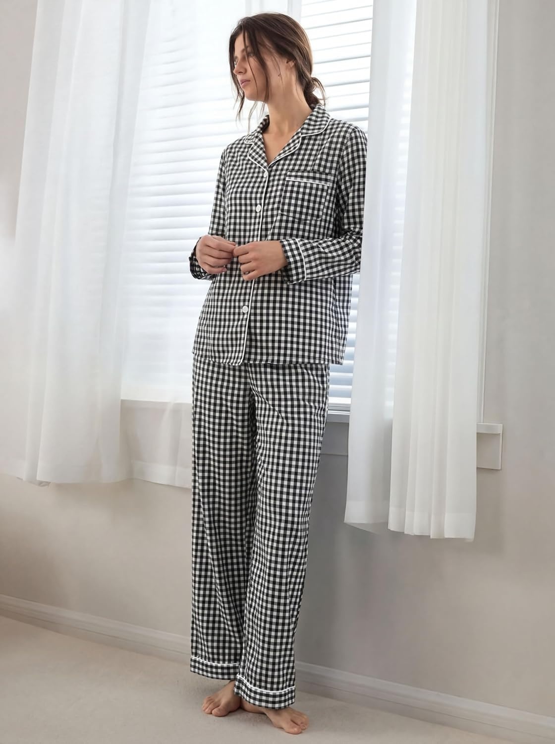 image:imageSWOMOG Women 100 Cotton Pajama Set Long Sleeve Shirts with Pockets Button Down Cute LoungewearBlack