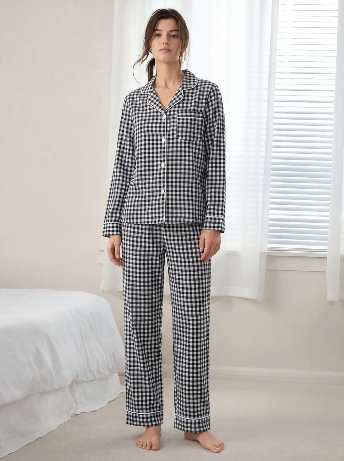image:imageSWOMOG Women 100 Cotton Pajama Set Long Sleeve Shirts with Pockets Button Down Cute LoungewearBlack