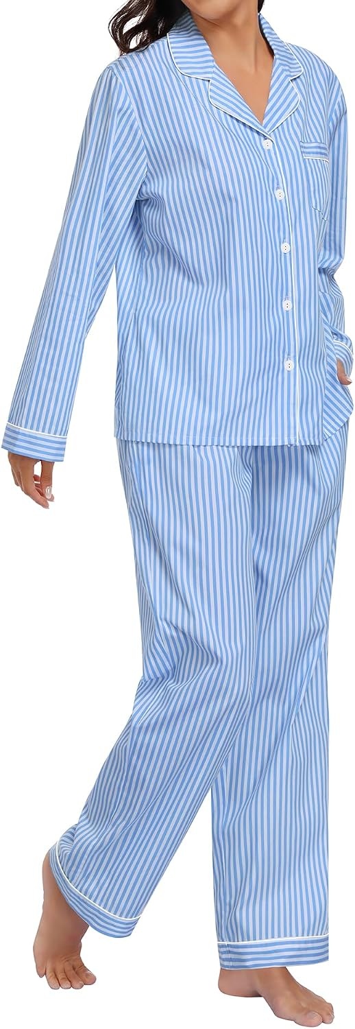 image:imageSWOMOG Women 100 Cotton Pajama Set Long Sleeve Shirts with Pockets Button Down Cute LoungewearBlue