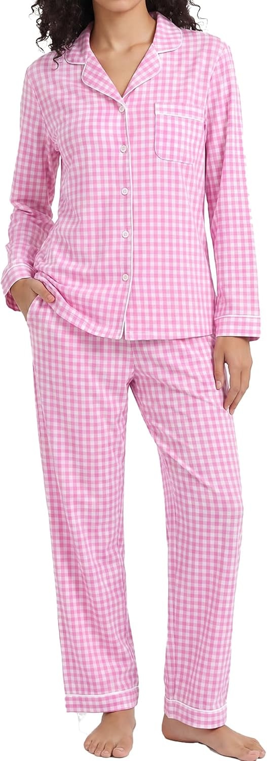 image:imageSWOMOG Women 100 Cotton Pajama Set Long Sleeve Shirts with Pockets Button Down Cute LoungewearPink