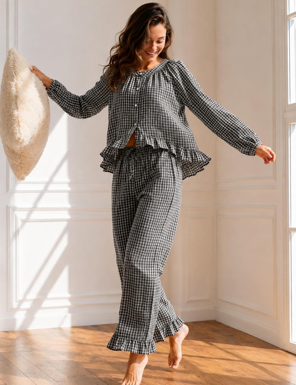 image:imageSWOMOG Womens 100 Cotton Ruffle Pajama SetBlack White Plaid