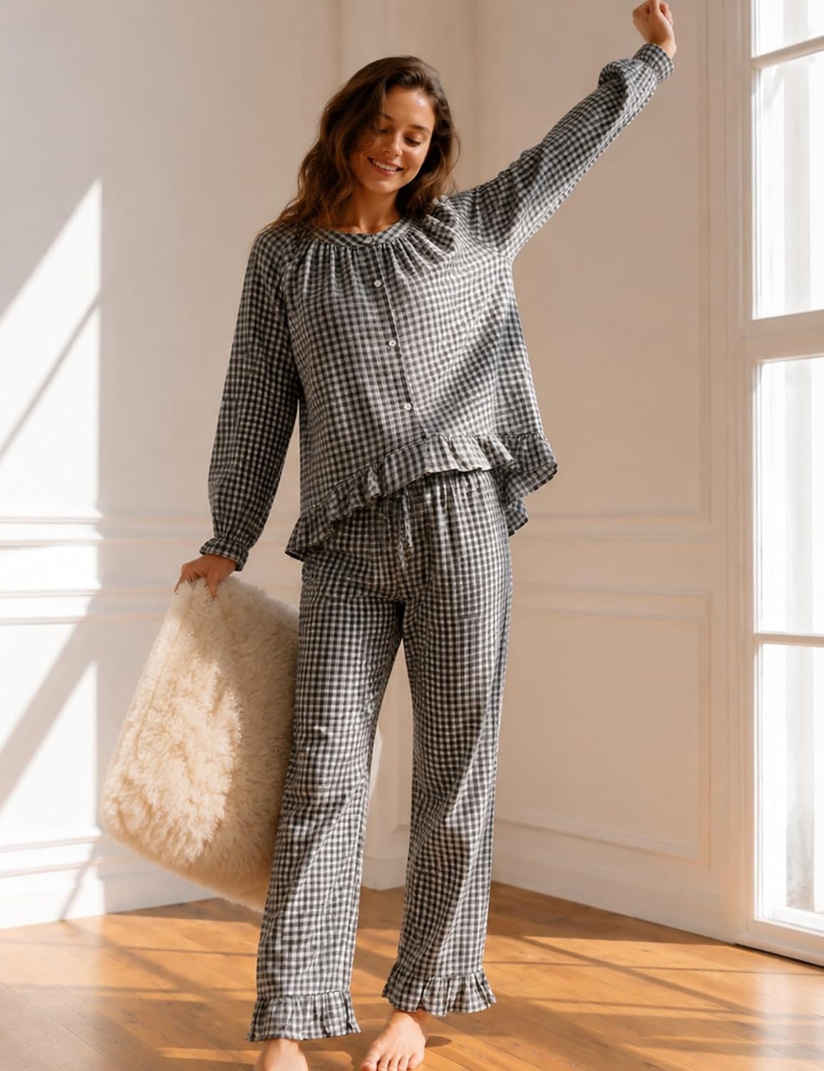 image:imageSWOMOG Womens 100 Cotton Ruffle Pajama SetBlack White Plaid