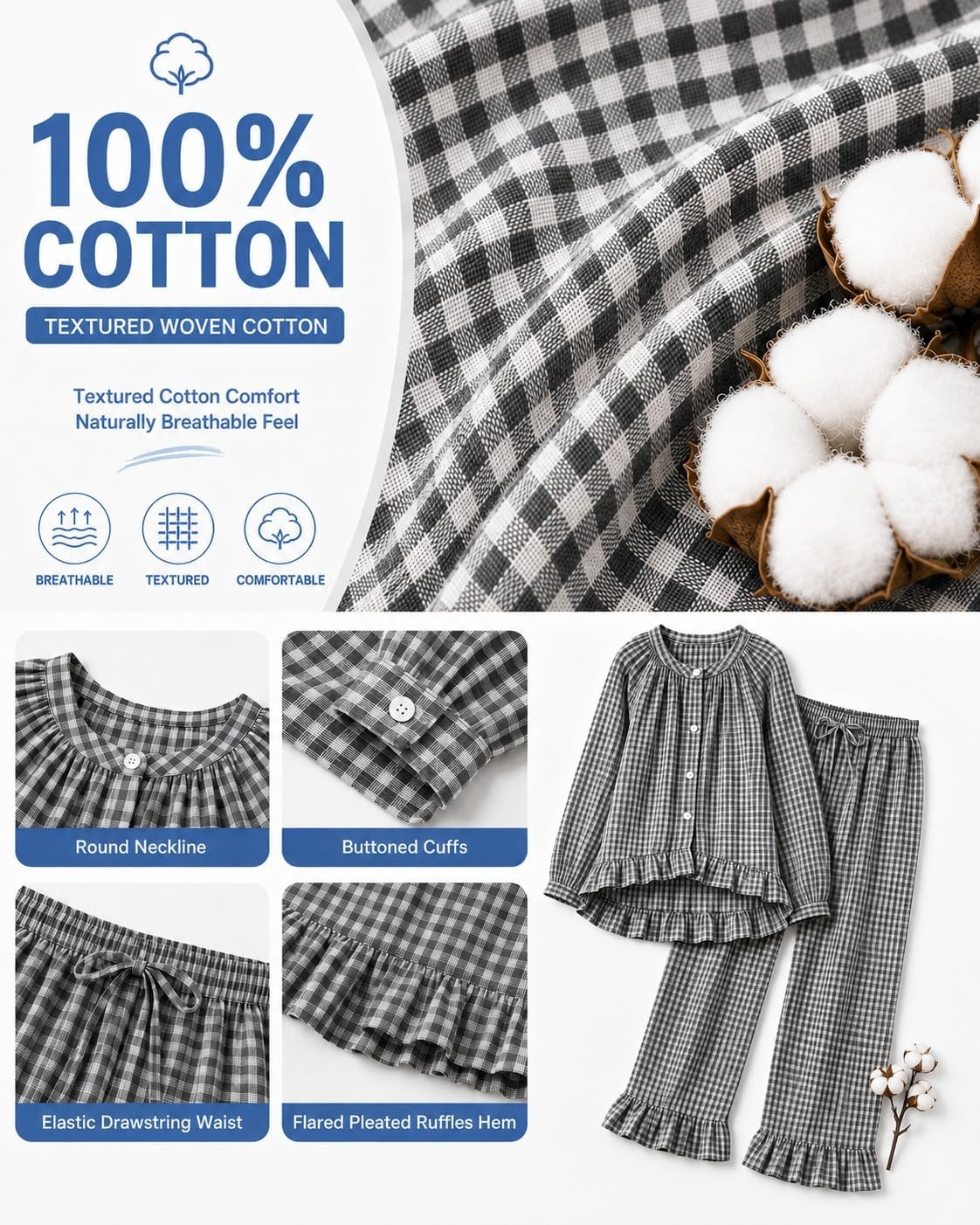 image:imageSWOMOG Womens 100 Cotton Ruffle Pajama SetBlack White Plaid