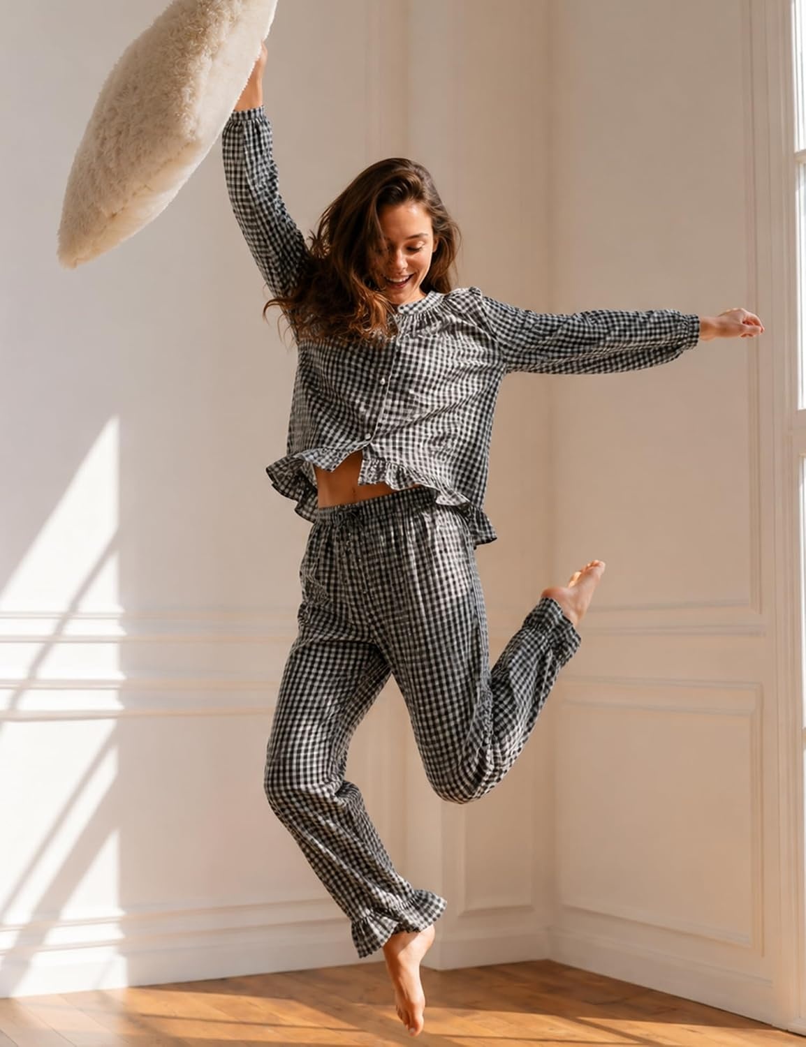 image:imageSWOMOG Womens 100 Cotton Ruffle Pajama SetBlack White Plaid