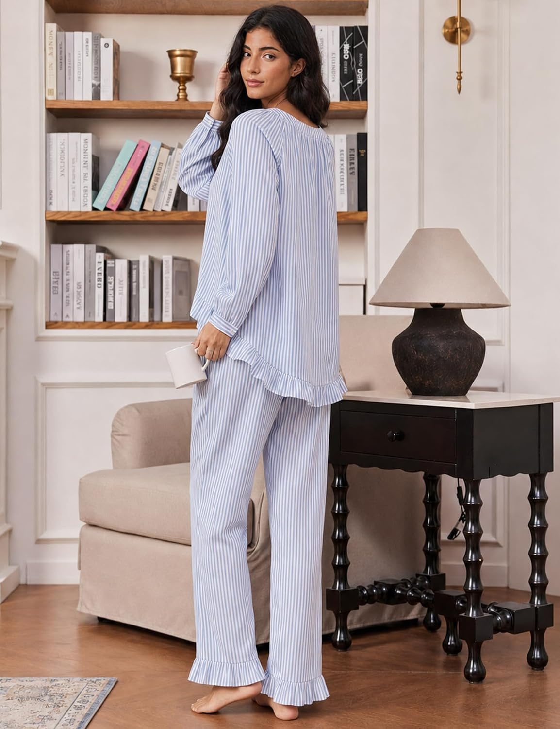 image:imageSWOMOG Womens 100 Cotton Ruffle Pajama SetBlue Striped