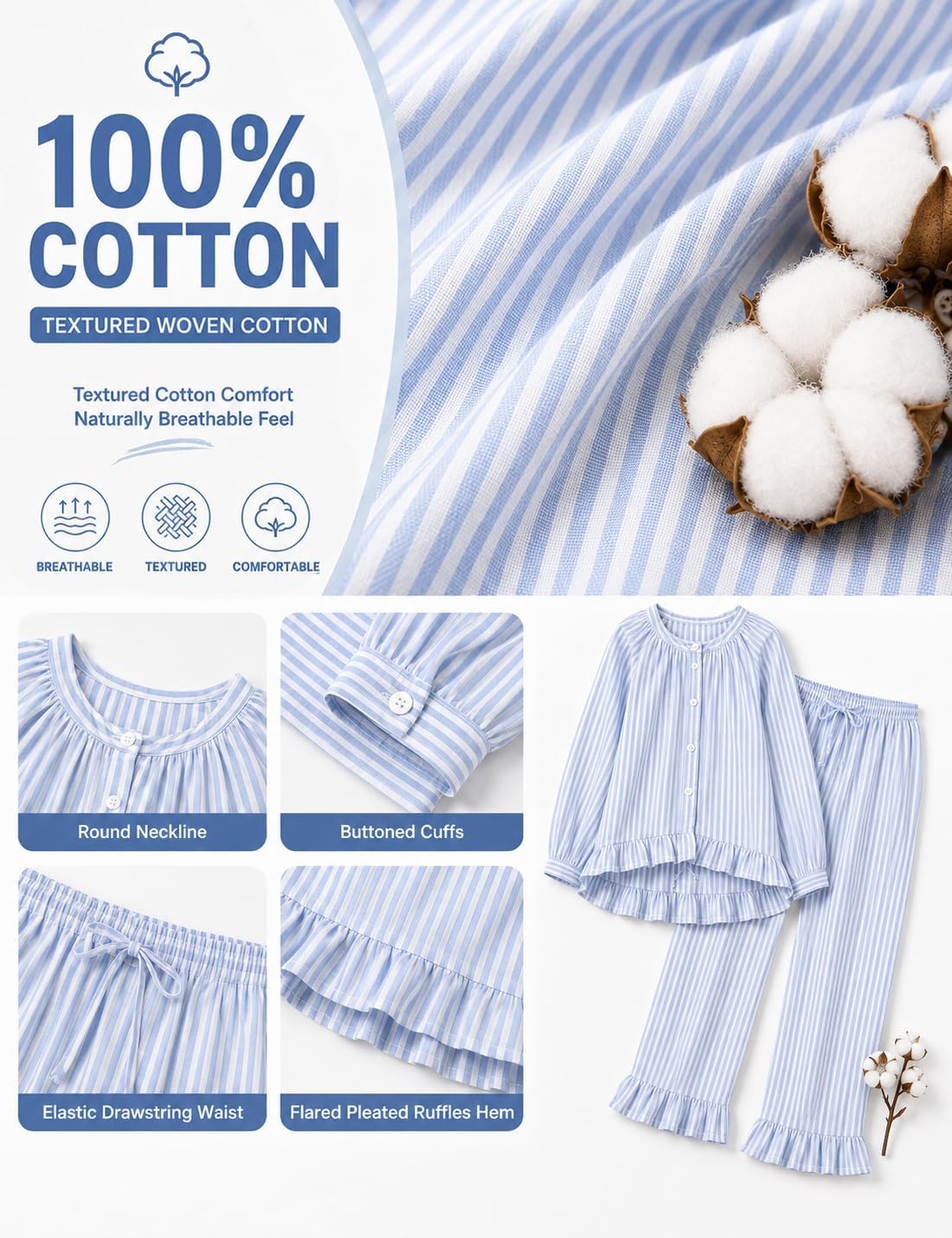 image:imageSWOMOG Womens 100 Cotton Ruffle Pajama SetBlue Striped